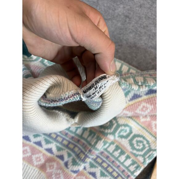 VINTAGE Alfred Dunner Sweater Womens Medium Green Cream Geometric Knit Artsy - Picture 4 of 4